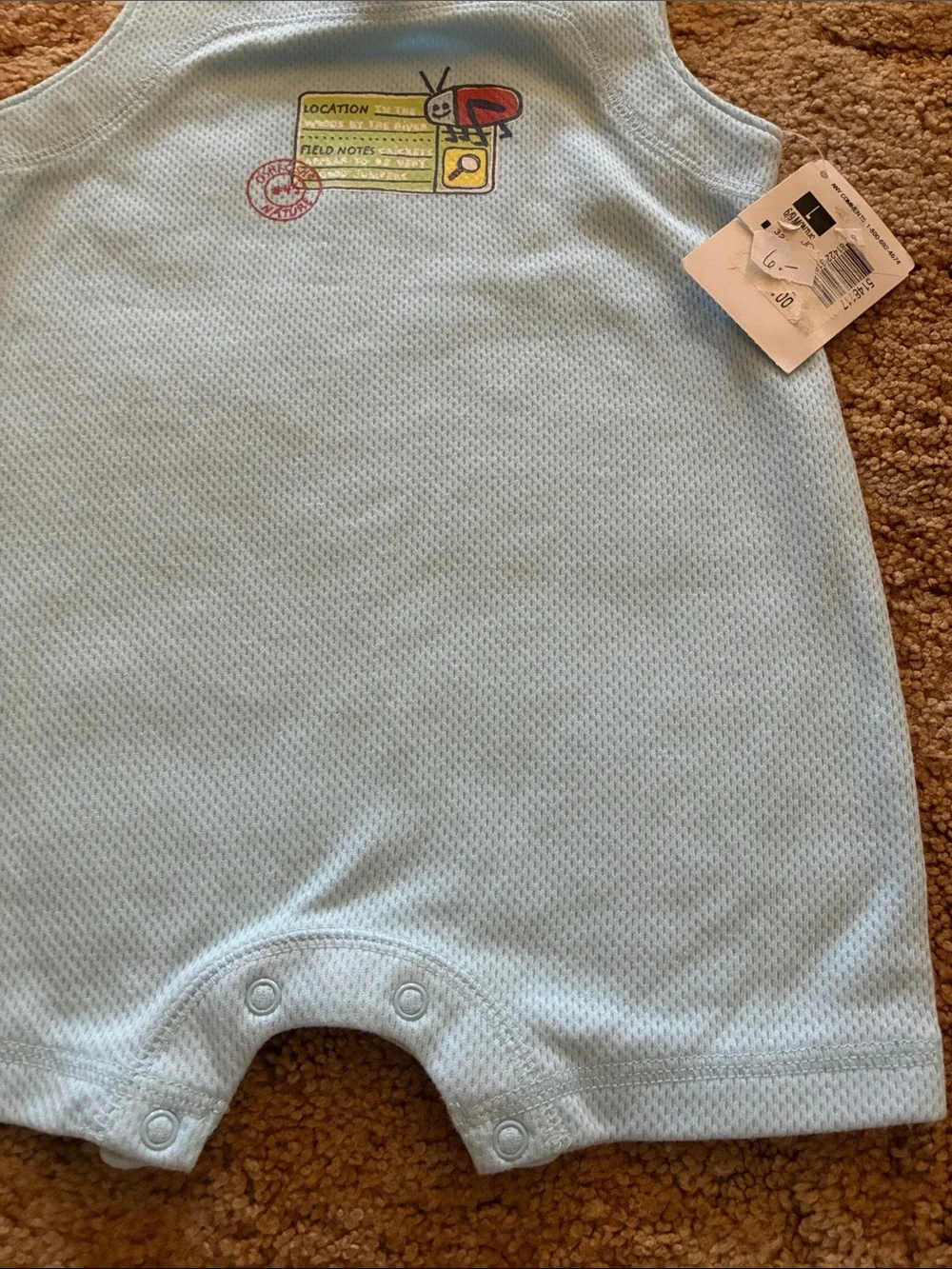 Vintage Deadstock OshKosh B'gosh Light Blue Baby Romper with Travel Patch